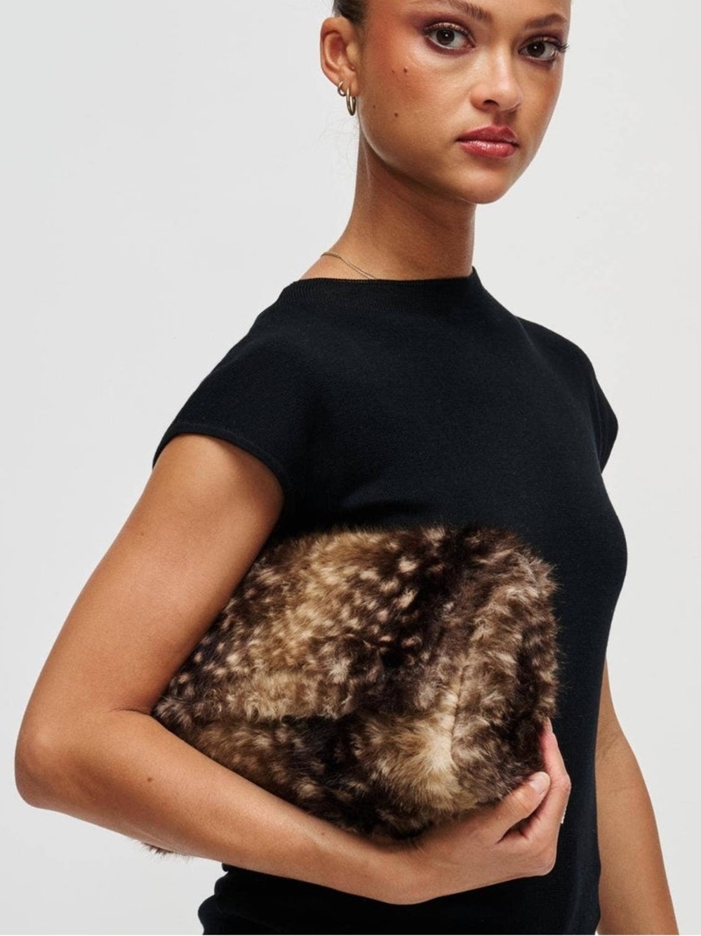 Faux Fur Brown Clutch with Gold Chain Strap